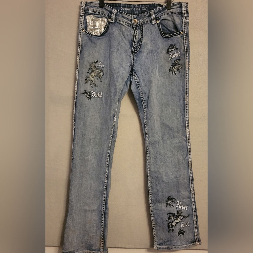 Cowgirl Tuff Light Blue Boot Cut Jeans with Embroidery & Sequins. 34x35